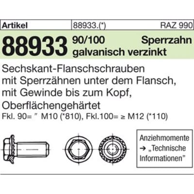 Sechskant-Flanschschrauben ART 88933 Kl. 90 gal Zn, M6 x 20 gal Zn S