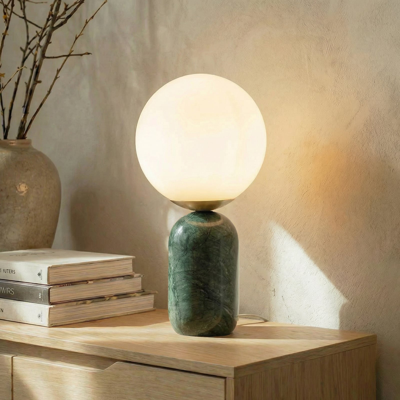 [neuwertig] B-ware Lindby Tischlampe Tischleuchte Lennes Marmor Glas Grün Weiß Schalter Ø20cm