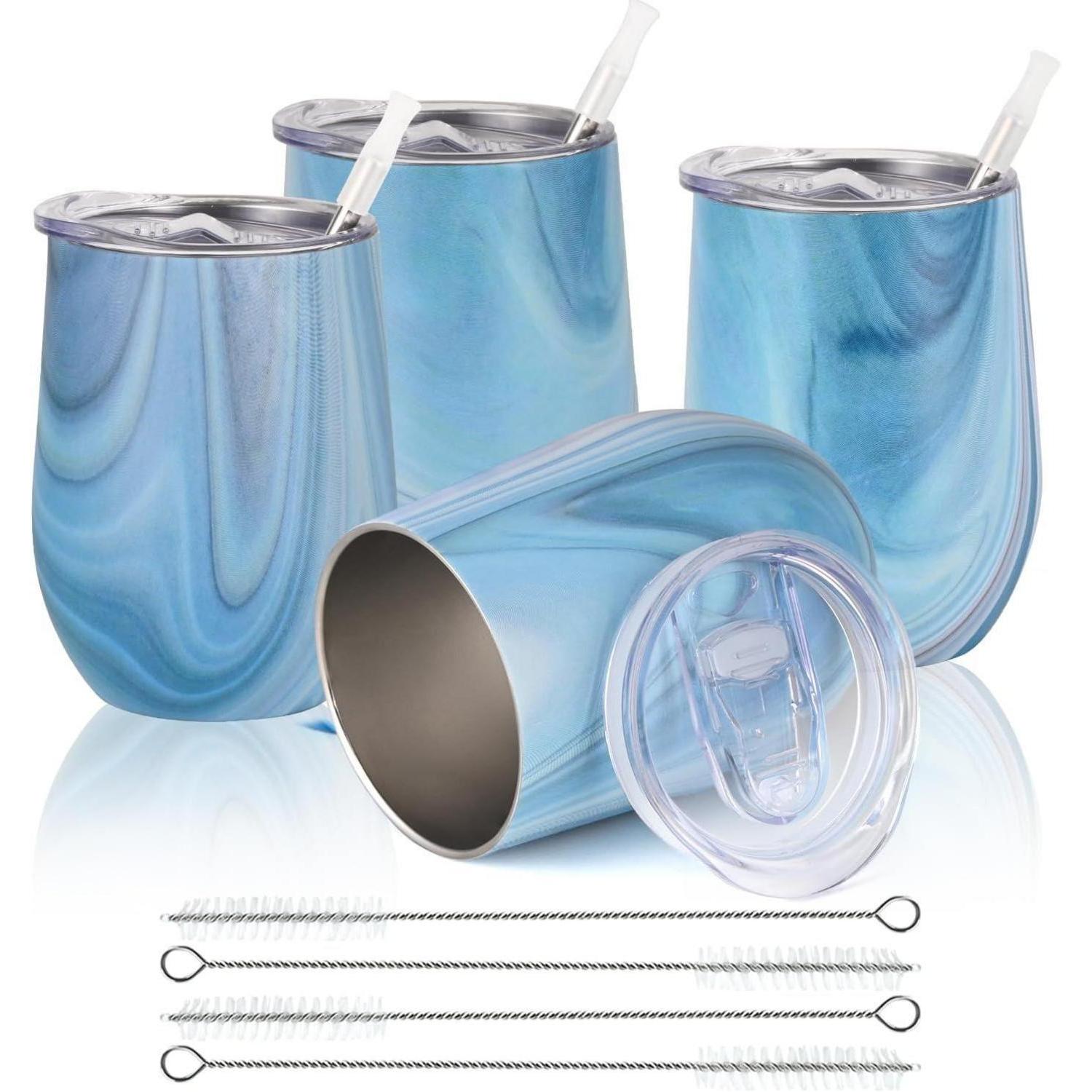 4er Set Edelstahl Weinbecher Mit Deckel, Doppelwandig, 12oz, Blau Marmor