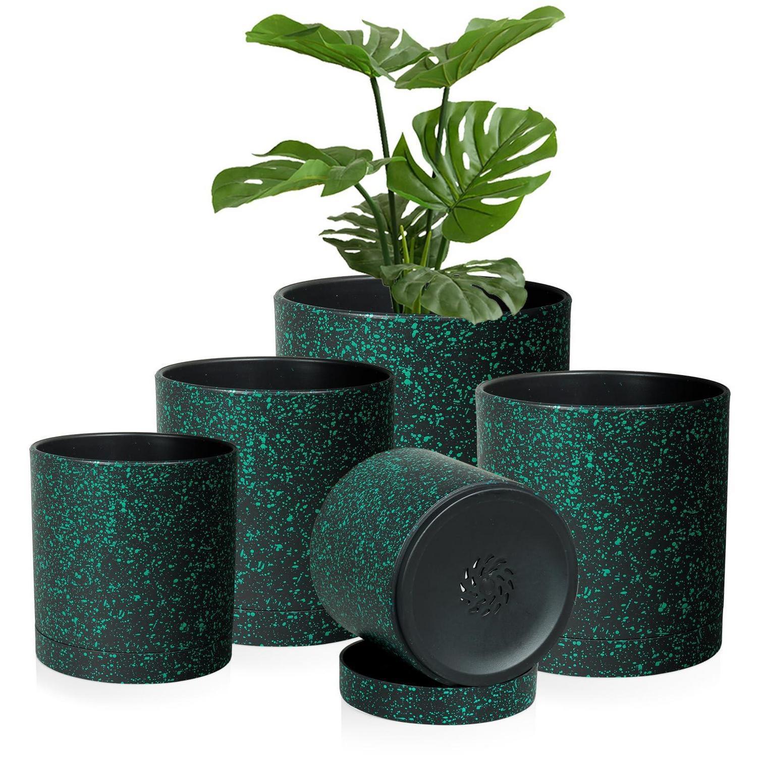 5er Set Blumentöpfe Mit Untersetzer, Kunststoff, Schwarz Mit Grünen Punkten, 5 Größen