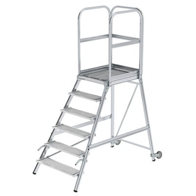 Podestleiter 6 Stufen, einseitig begehbar, Aluminium/Stahl-Gitterrost