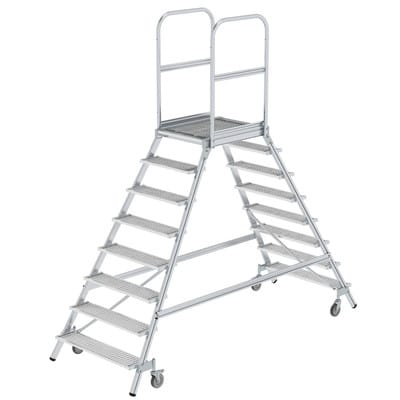Podestleiter 8 Stufen, fahrbar, Aluminium/Stahl-Gitterrost