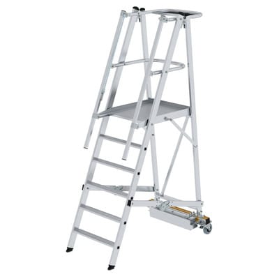 Podestleiter 6 Stufen, fahrbar, Aluminium/Aluminium