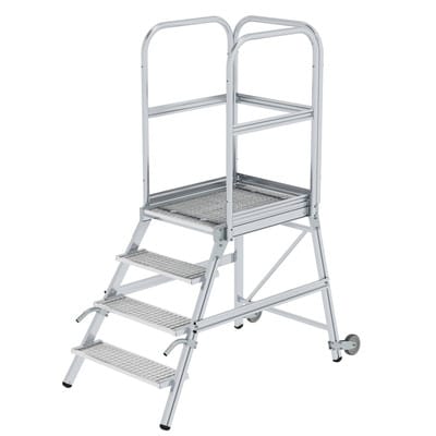 Podestleiter 4 Stufen, einseitig begehbar, Aluminium/Stahl-Gitterrost