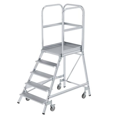 Podestleiter 5 Stufen, einseitig begehbar, Aluminium/Aluminium-Gitterrost