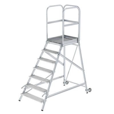 Podestleiter 7 Stufen, einseitig begehbar, Aluminium/Stahl-Gitterrost