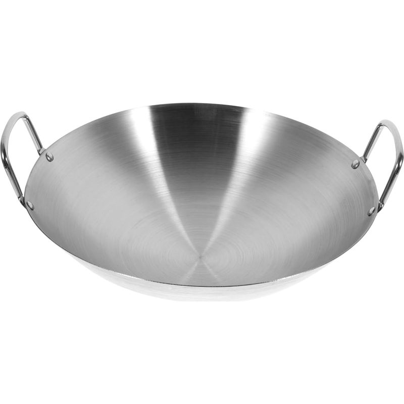 Wok Aus Edelstahl Mit Zwei Griffen Und Rundem Boden, Geeignet Für Alle Herdarten, Inklusive Induktion. Eine Praktische Bratpfanne Für Den Hausgebrauch.