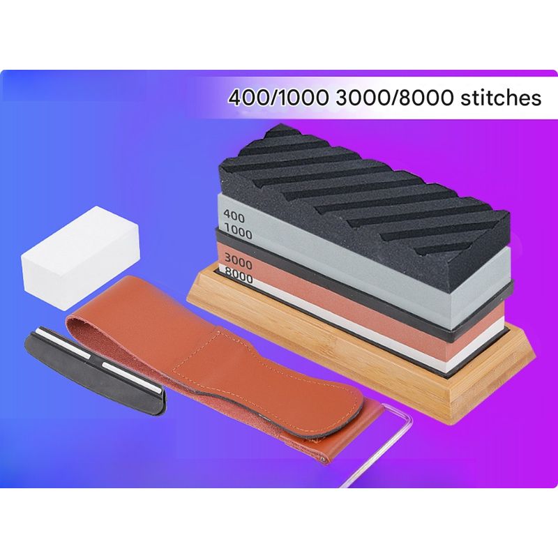 Professioneller, Doppelseitiger Schleifstein Mit Zwei Funktionen, Körnung 400/1000 + 3000/8000, Inklusive Basis, Abziehriemen Und Ölstein.