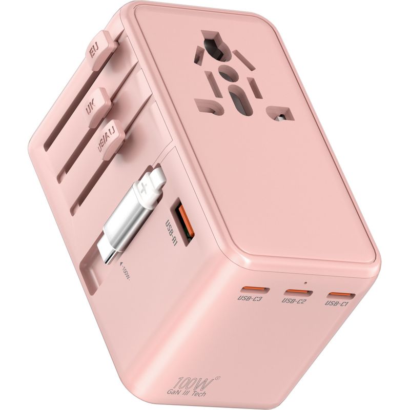 Universeller Reiseadapter, 100-w-schnellladefunktion, Universal-konverter, 80 Cm Langes, Einziehbares Usb-c-schnellladekabel (rosa)