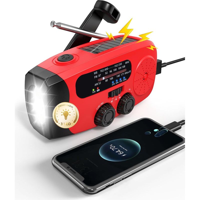 Dieses Notfallradio Verfügt Über Eine Handkurbel Und Solarenergie Sowie Drei Led-taschenlampen Und Ist Somit Ideal Für Notfälle Und Camping. – Rot