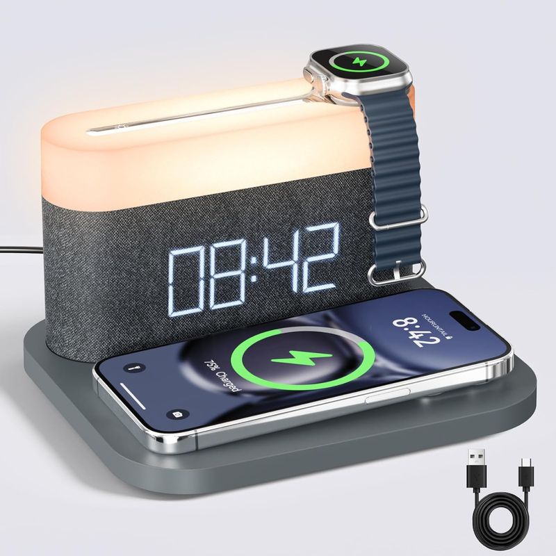 Multifunktionaler Wecker Mit Kabelloser Ladefunktion, 15w Max. Touch-nachttischlampe, 3-farbiges Nachtlicht Für Schlafzimmer, Nachttisch, Schreibtisch (schwarz)