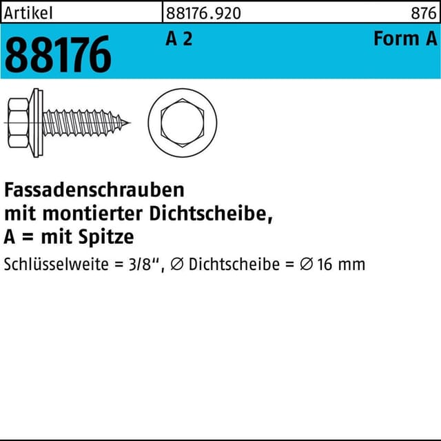 Fassadenschraube ART 88176, A2 6,5 x 32 Neoprenscheibe 16 A 2 S