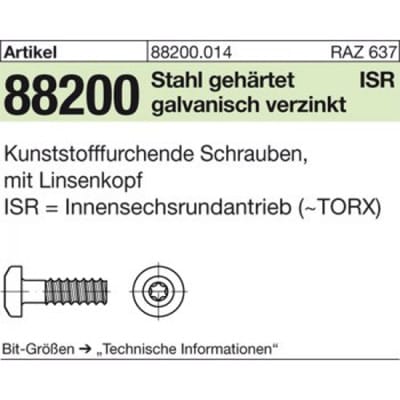 Schrauben, ART 88200 mit Linsenkopf, ISR 5 x 10 -T20 Stahl, gal Zn S