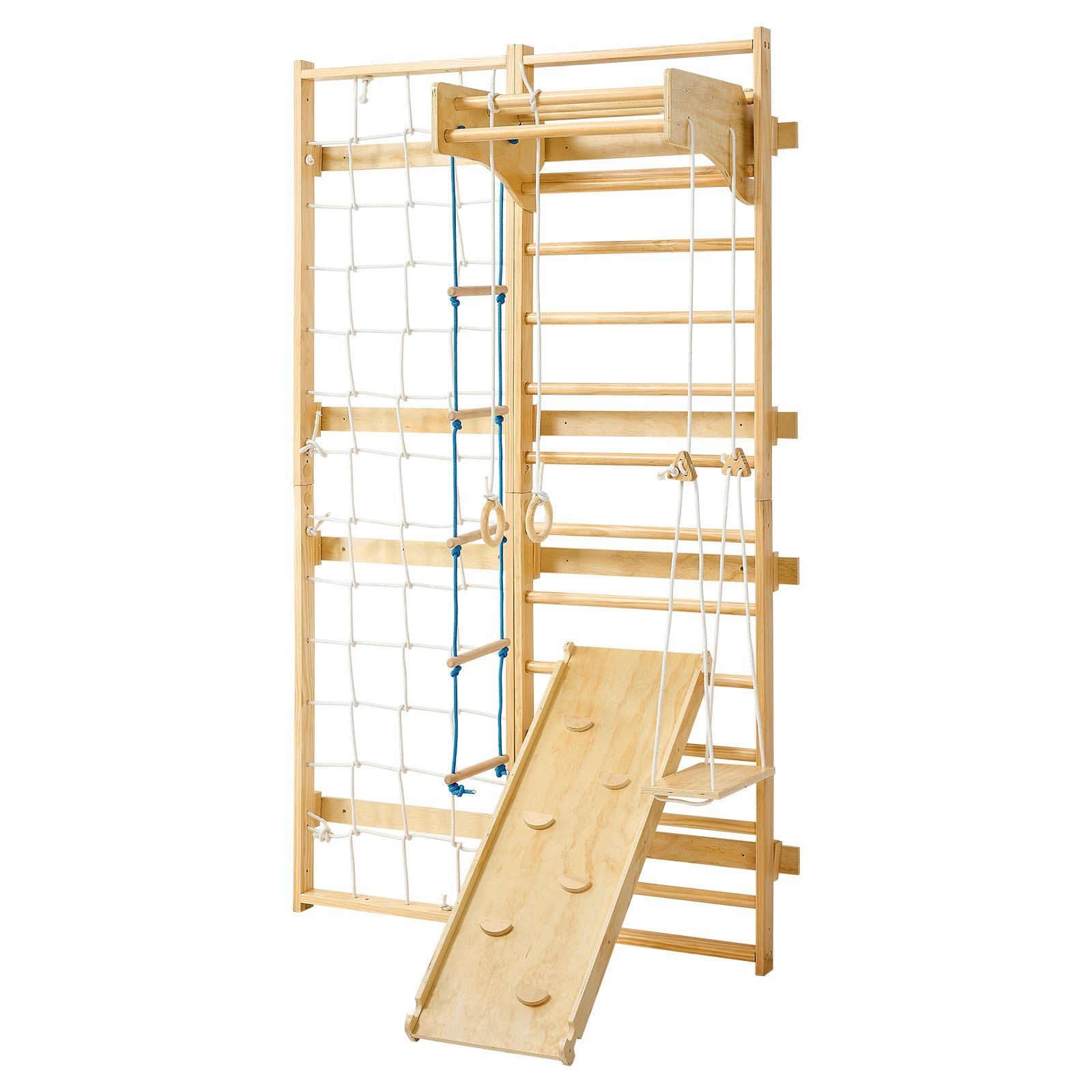 Wandmontierte Turnleiter Aus Massivholz, 8-in-1, 12 Ebenen, Für Kinder Und Erwachsene, Tragkraft 100 Kg, Mit Kletterbrett, Ringen, Klimmzugstange, Rutsche Und Schaukel.