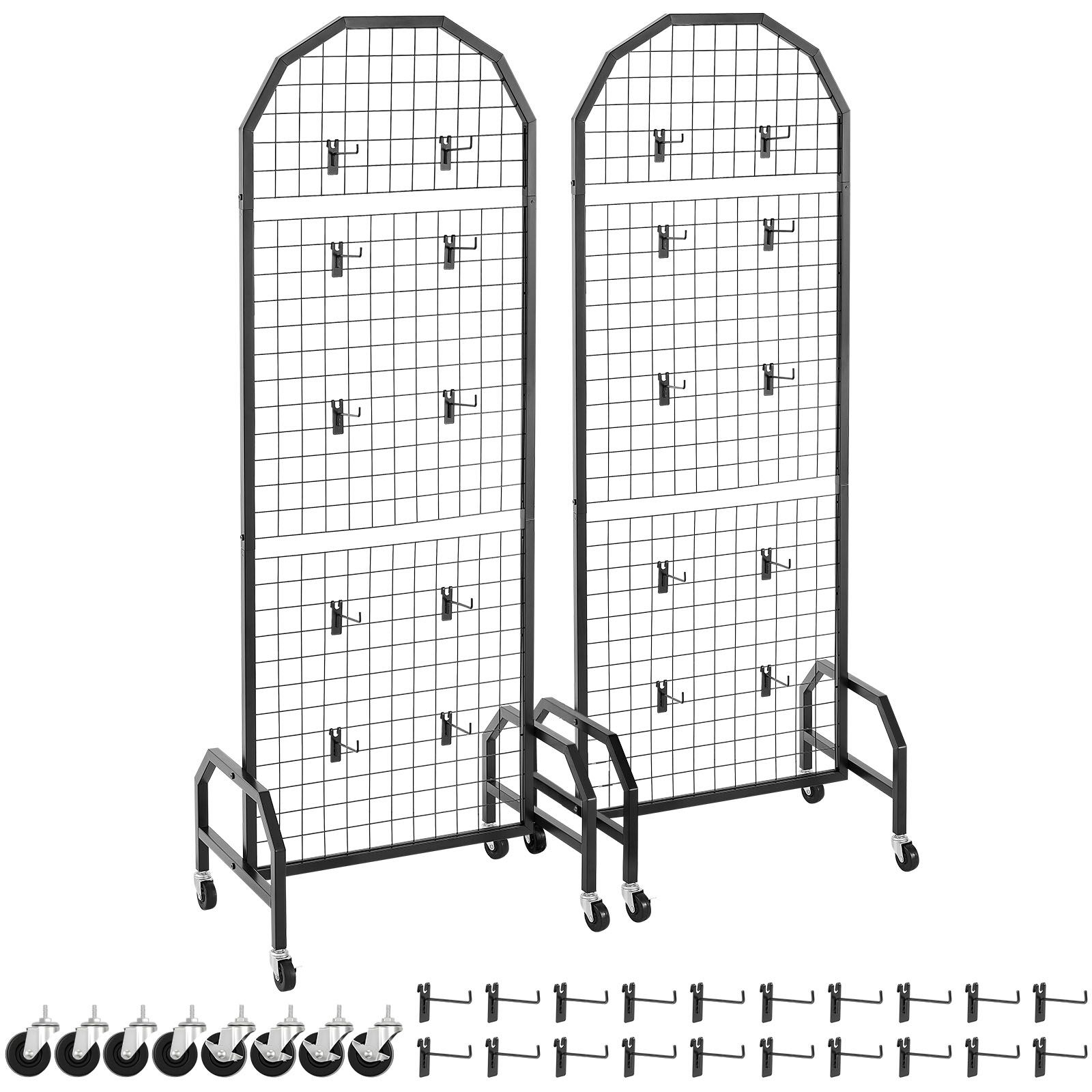 Zweiteiliges Gitterwandpaneel, 600 X 1640 Mm, Mobiler Präsentationsständer Mit Rollen Und 20 Haken, Schwarzer Kohlenstoffstahl, Für Wohnzimmer, Dekoration, Aufbewahrung, Pinnwand