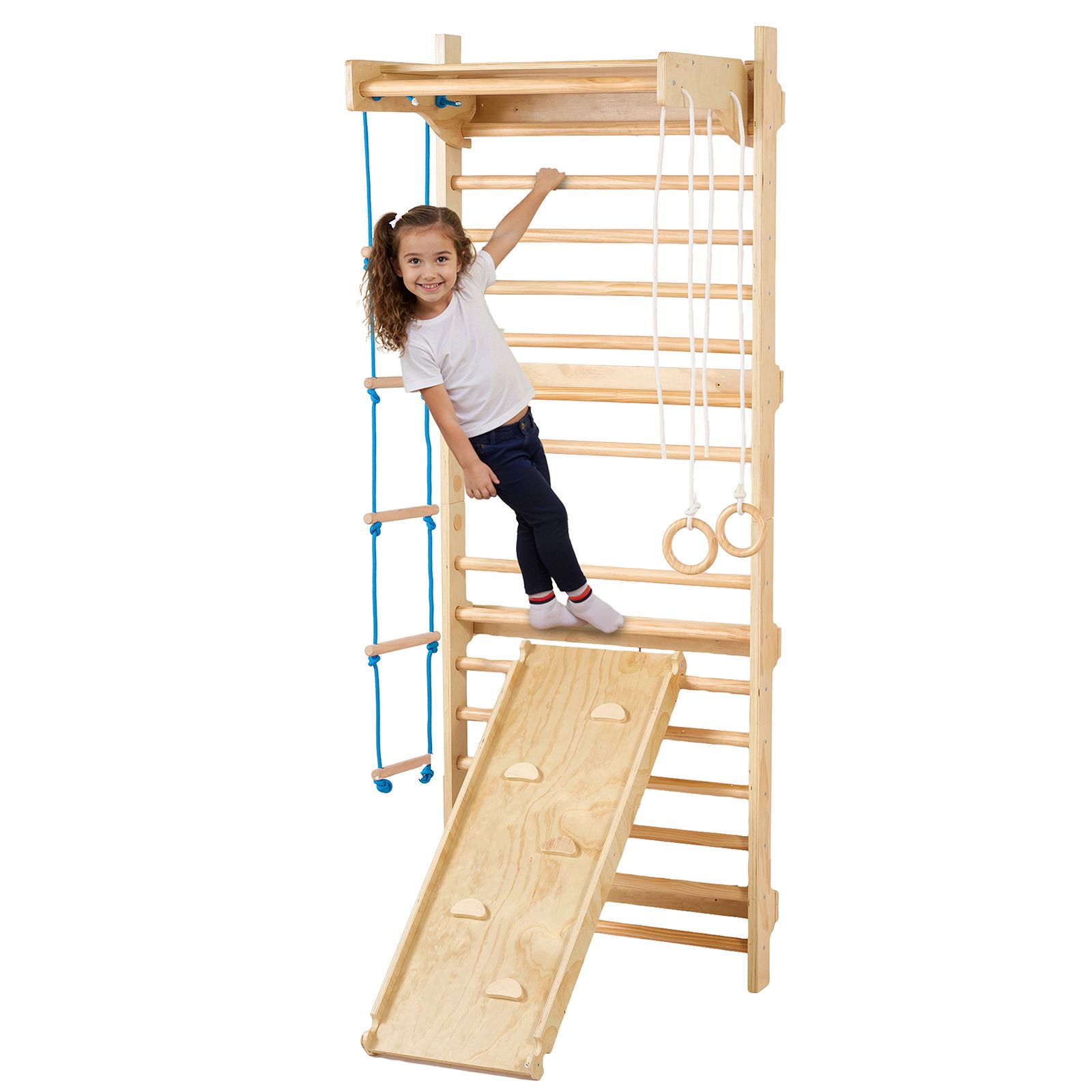 Schwedische 5-in-1-wandleiter, Hölzernes Indoor-kletterspielzeug, Tragkraft 100 Kg, Mit Klimmzugstange, Turnringen, Leiter, Strickleiter Und Rutschbrett.