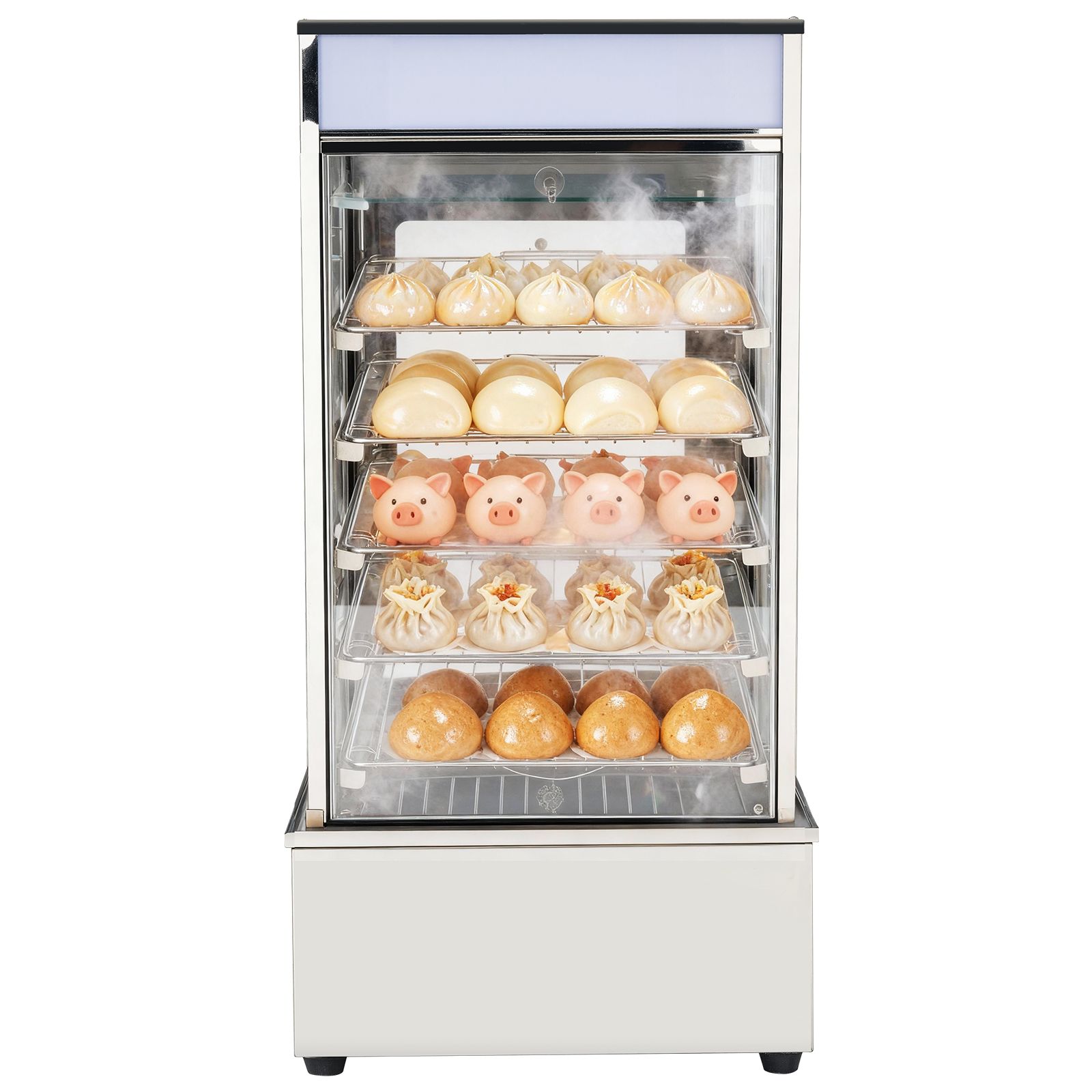 Gewerblicher 5-stöckiger Speisenwärmer, 1200 W, Led-beleuchtung, Verstellbare Regalböden, Edelstahlrahmen, Dampfheizung 30-110 °c, 120 L Für Hamburger, Pizzen, Brot, Brathähnchen.