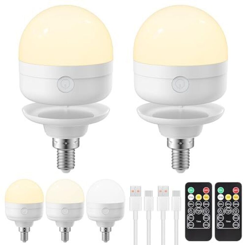 Wiederaufladbare E14-glühbirne Mit Usb-c-anschluss, Fernbedienung, 3 Farben, Dimmbar, Batterien, 6 W, Timer, Magnetische Notleuchte, 2er-pack [energieklasse E]