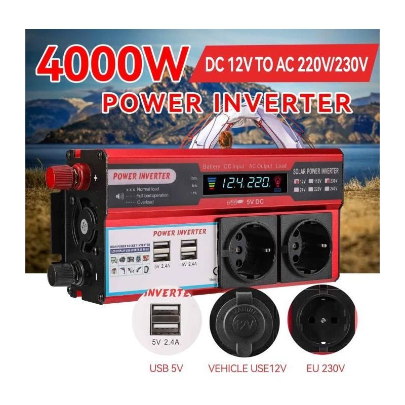 4000-w-kfz-wechselrichter, 12 V Gleichstrom Auf 220–230 V Wechselstrom, Reiner Sinus-wechselrichter, 4 Usb-anschlüsse, Lcd-display, Transformator