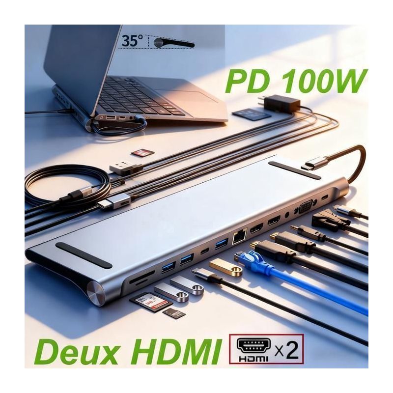 12-in-1 Usb-c-hub: Usb-c-auf-dual-4k-hdmi- Und Vga-adapter, 100-w-pd-anschluss, Usb 3.0, Rj45, Sd/tf-kartenleser, 3,5-mm-kopfhöreranschluss