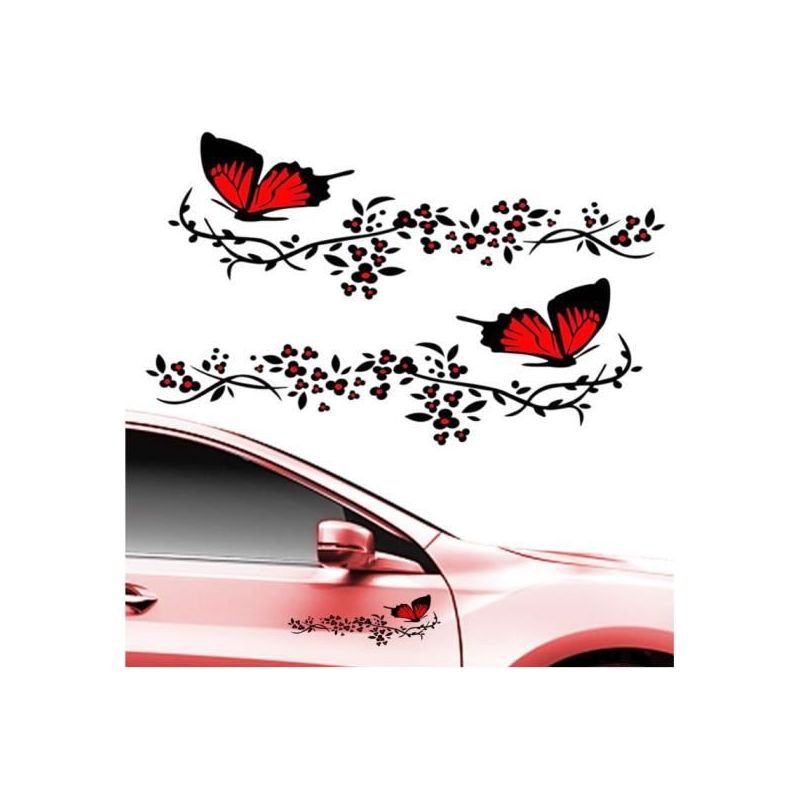 2-teiliges Autoaufkleber-set, Autoaufkleber Mit Schmetterlings- Und Blumenmuster, Individuelle Motorhaubenaufkleber (rot) - Wj
