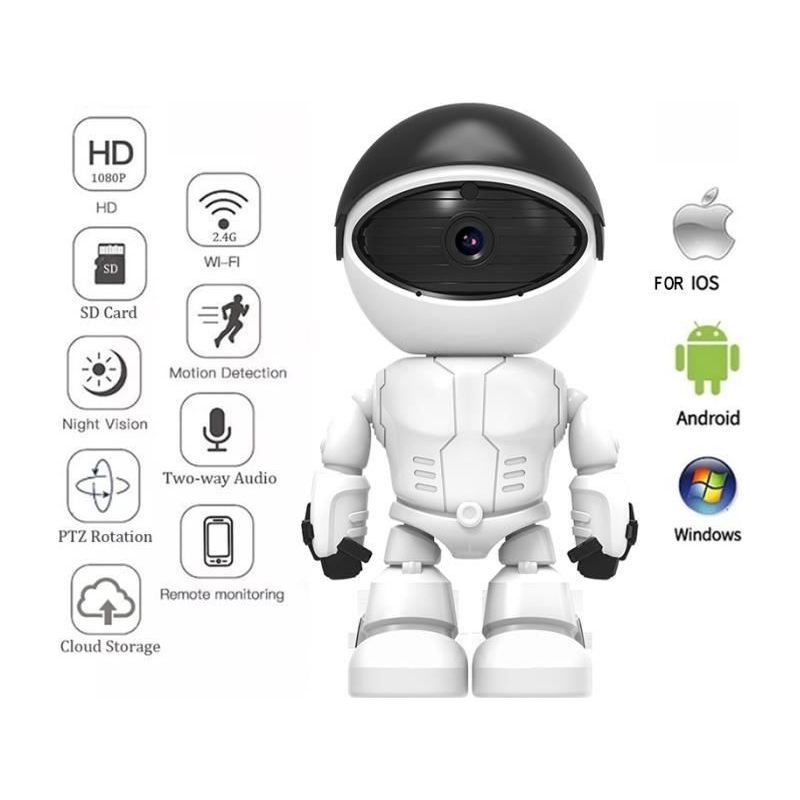 Hd 1080p Roboter-ip-wlan-überwachungskamera Mit Nachtsicht, Drahtlosem Diktiergerät Und Webcam, Weiß