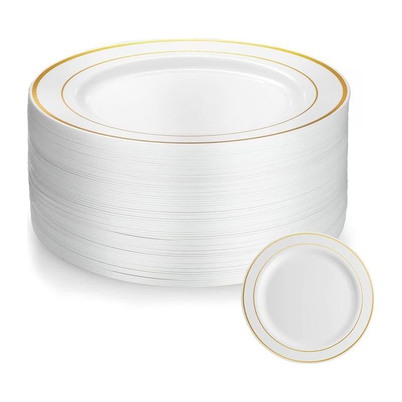 50 Stück Wiederverwendbare Kunststoffteller (19 Cm) Mit Goldrand, Weiße Kunststoffteller, Hochzeitsteller