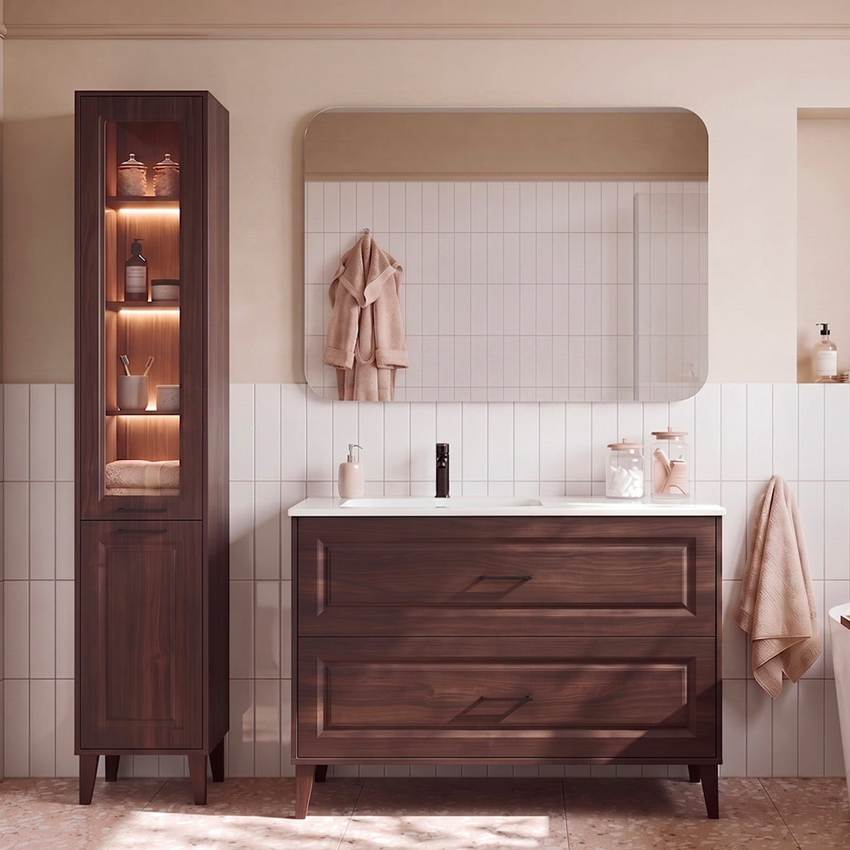 Waschtisch-set Einzelwaschbecken Einbau Links 120cm Und Hochschrank Moka Dunkles Holz