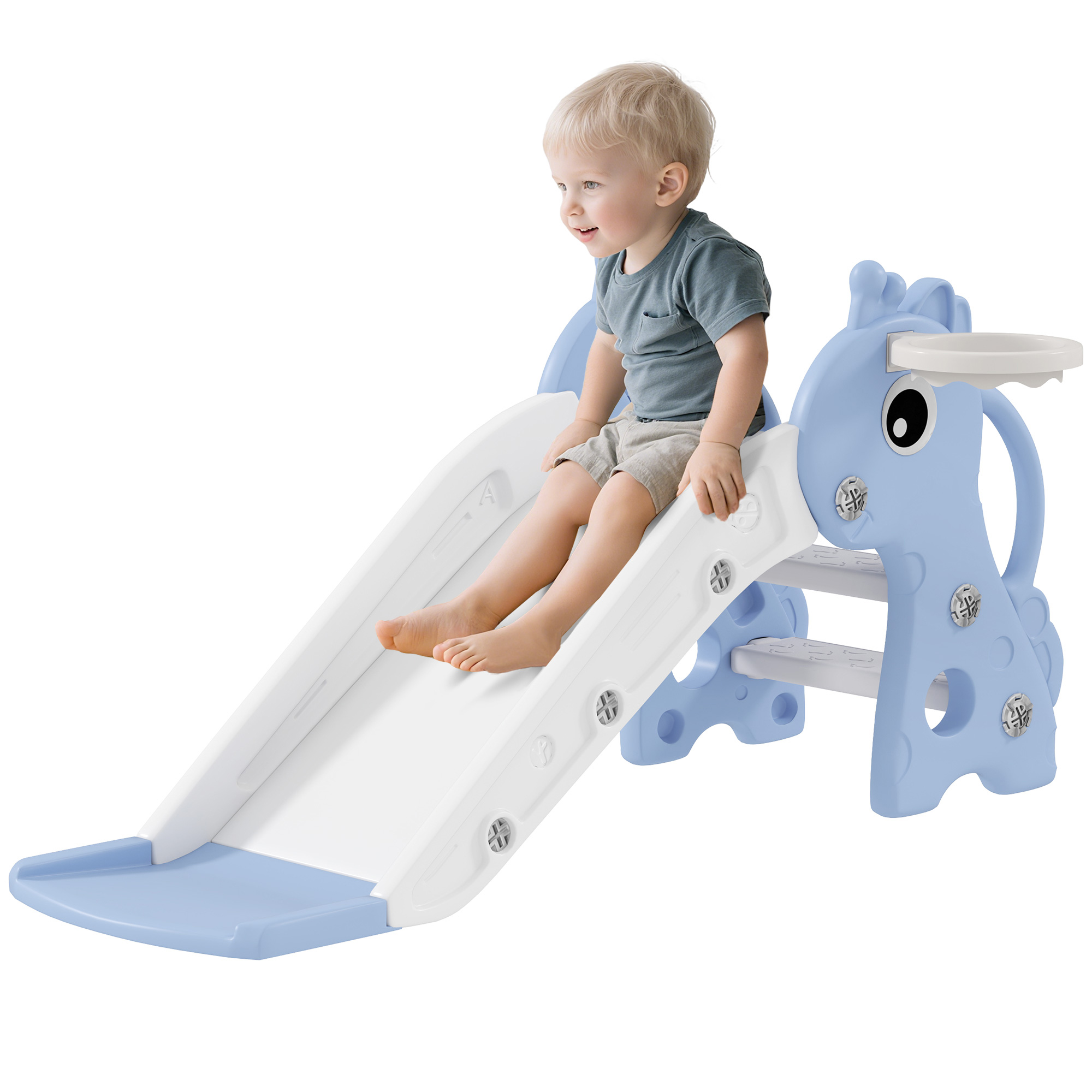 3-in-1-rutsche Für Kinder Von 1 Bis 3 Jahren Mit Leiter, Basketballkorb Und Giraffenmotiv, 106 X 51,5 X 52 Cm, Blau
