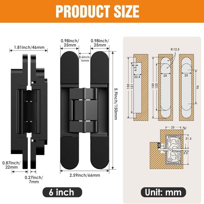 Irovami 180° Verstellbares 3d-scharnier – Geräuschlos, Zinklegierung, Schwarz, 150 X 25 Mm, 2 Stück – Ideal Für Falttüren, Holztüren Und Außentüren