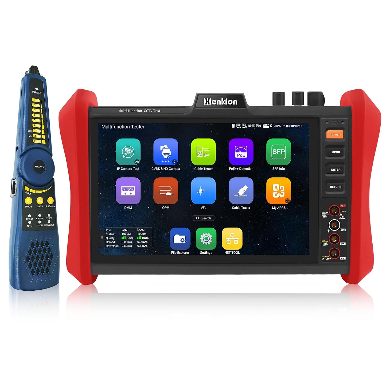 E90 8-zoll-ips-touchscreen-überwachungskameratester, 4k 12mp Ip-kameratester Und 8mp Tvi/cvbs/ahd/cvi Koaxialkameratester, Poe++ Max. 90w, Kabeltester