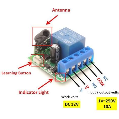 Télécommande - Récepteur - Rf 433 Mhz - Dc 12 V - 10 A - 1 Canal - Pour Porte Électrique Et Garage - Kit 2 Pièces