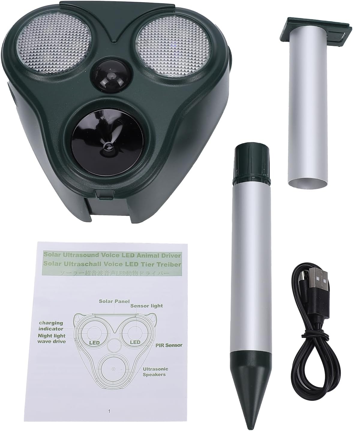 Ultraschall-tierabwehrgerät, Solarbetrieben Mit Infrarotsensor, 5 Modi, Led-taschenlampe Und Sprachalarm Für Garten, Hof Und Bauernhof