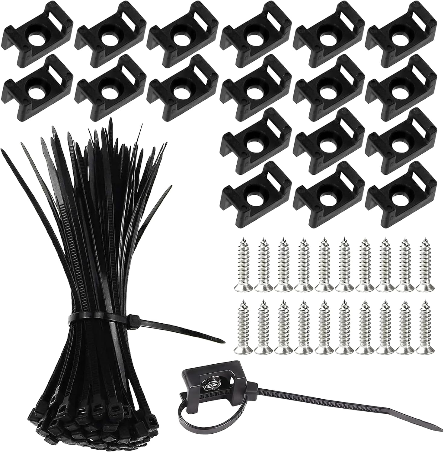 Nayata 100 Stück Kabelbinder Mit Kabelklemmen Und Schrauben, 100 Mm Lange, Schwarze, Selbstsichernde Nylon-kabelbinder, 5,2 Mm Lochbasis Zur Organisation Von Elektrokabeln