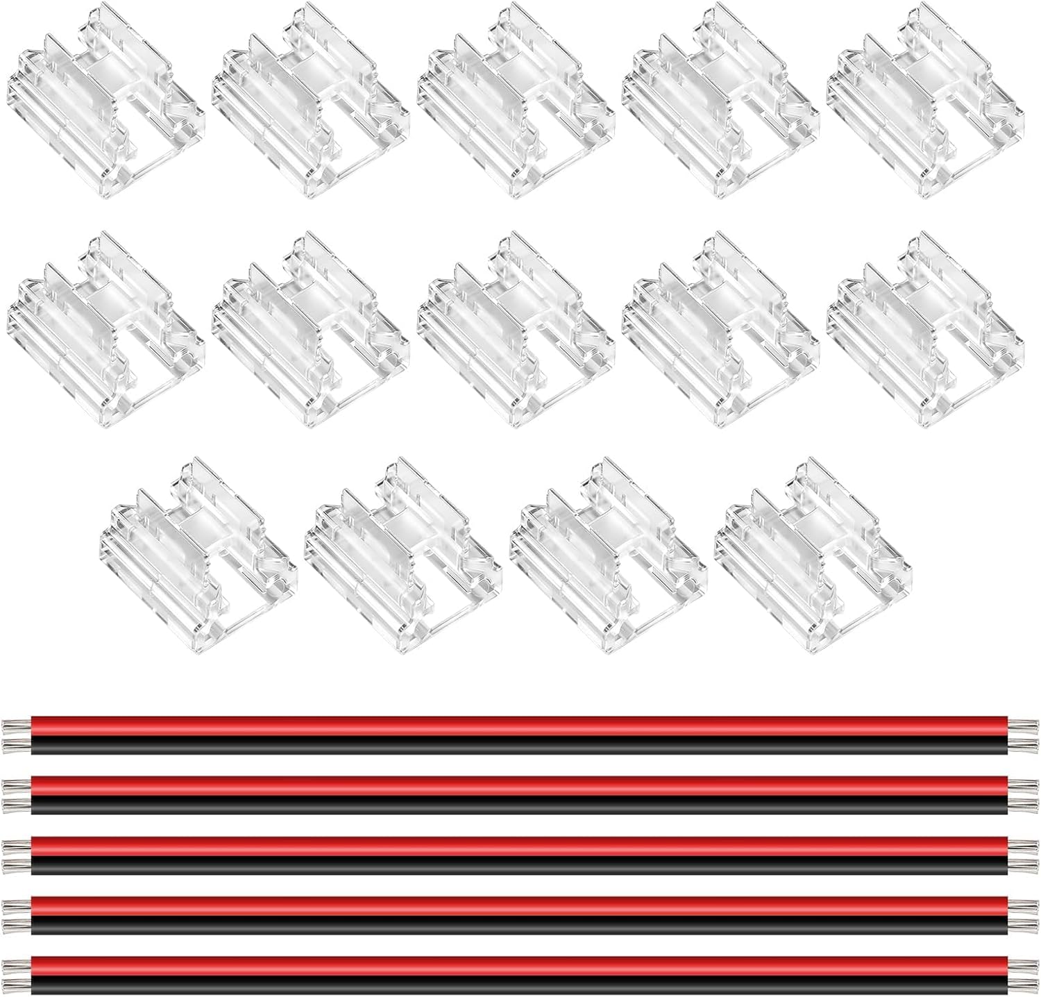 14-teiliges Set Transparenter 2-pin-8-mm-cob-led-streifenverbinder Mit 5 Verlängerungskabeln (15 Cm Lang, 20 Awg) Zum Anlöten Von Led-streifen Ohne Nut.