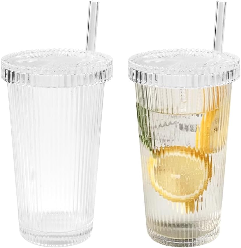 Set Aus 2 Glas-wasserbechern Mit Deckel Und Strohhalm – 380 Ml – Kaffeebecher – Longdrinkgläser