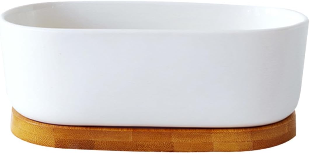 Set Mit 1 Ovalem, Weißem Keramik-blumentopf Für Sukkulenten Und Kakteen, Inklusive Bambus-untersetzer, Rechteckigem Abtropftopf, Dekoration