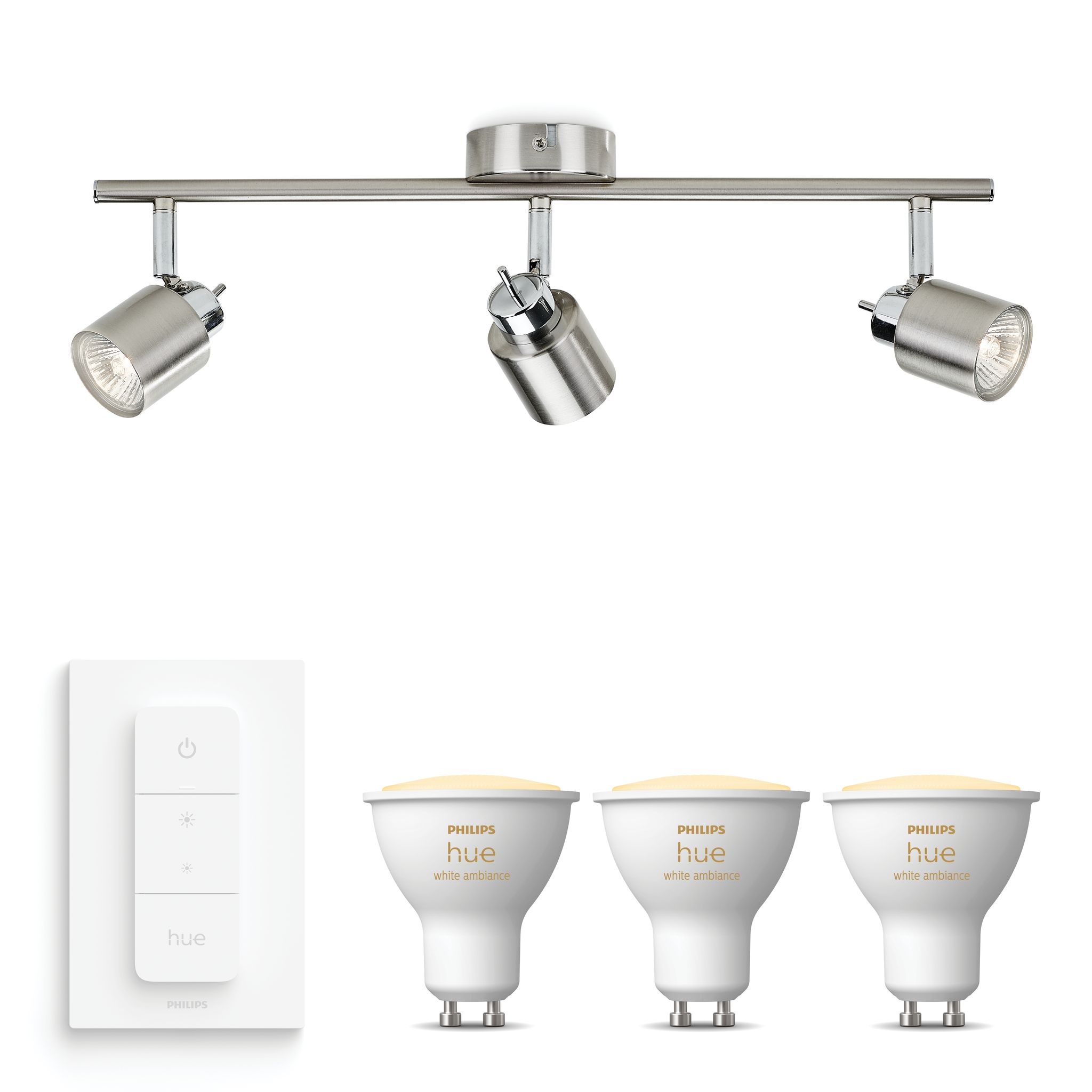 Philips Hue Meranti Aufbauspot Mit 3 Lichtpunkten Gu10 (mattchrom) Warm Bis Kaltweißes Licht - Inkl. 1 Dimmschalter - White Ambiance