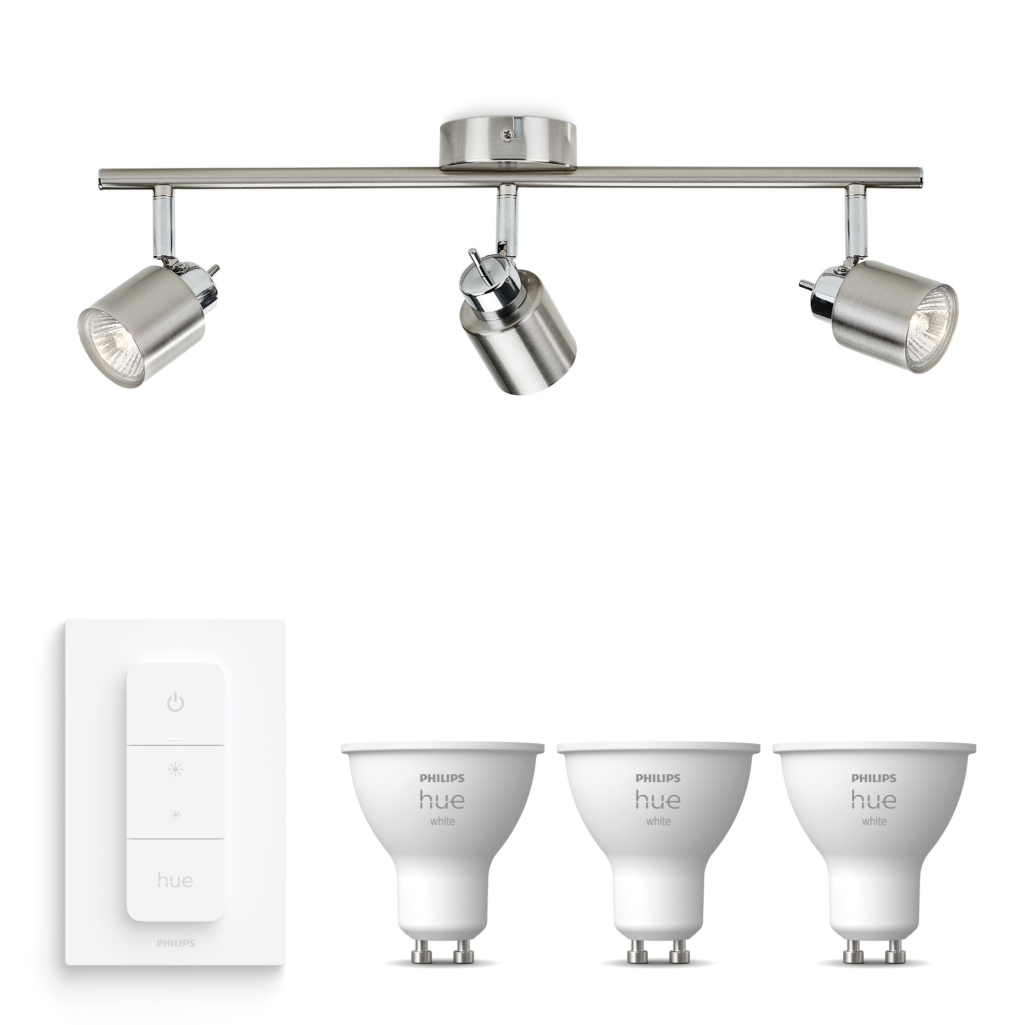 Philips Hue Meranti Aufbauspot Mit 3 Lichtpunkten Gu10 (mattchrom) Warmweißes Licht - Inkl. 1 Dimmschalter - White