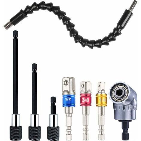1 Rallonge De Foret Flexible + 1 Adaptateur De Foret À Angle Droit + 3 Embouts De Tournevis À Percussion + 3 Porte-embouts De Tournevis