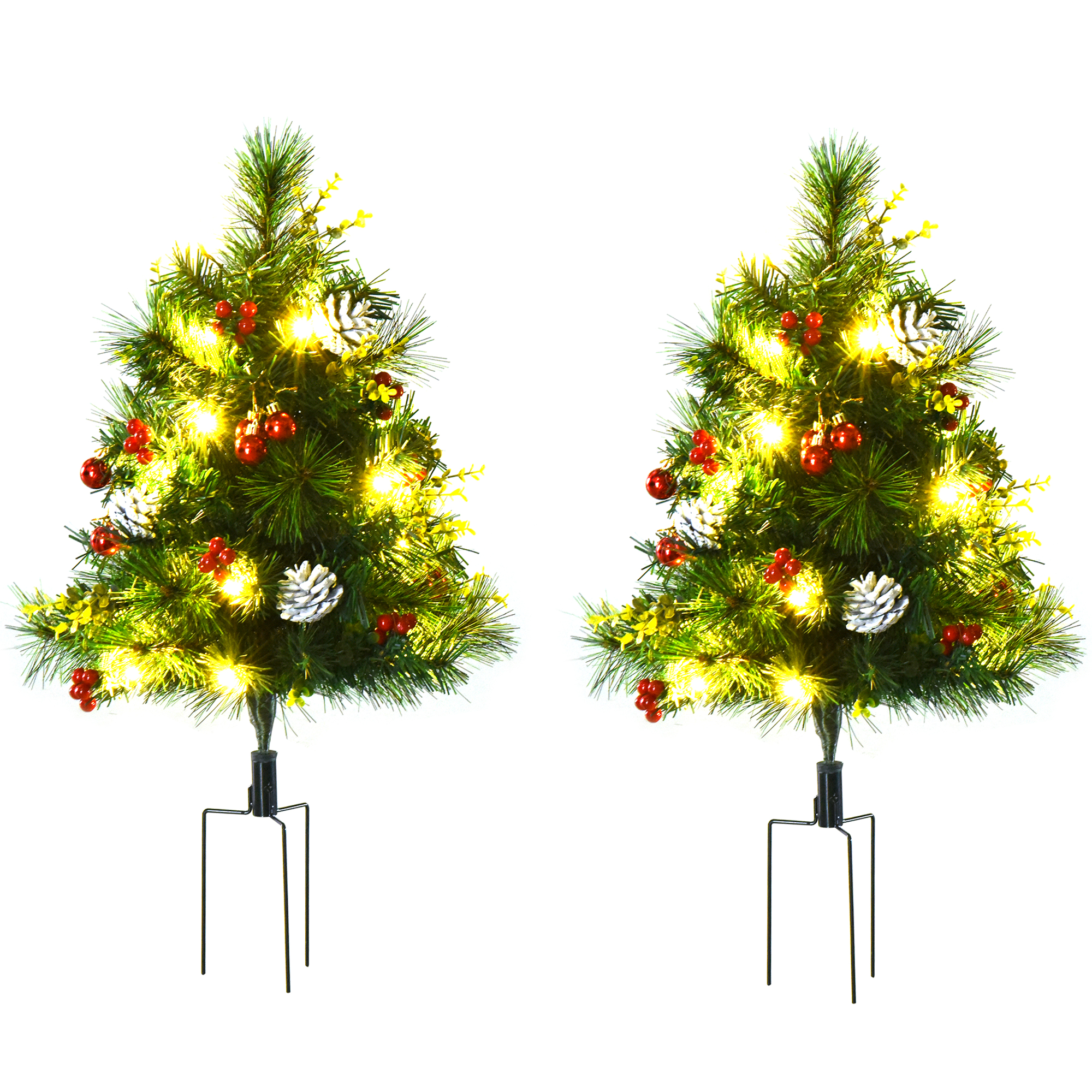 Homcom 2er Set Mini Künstlicher Weihnachtsbaum Mit Led-lichtern, 75 Cm Künstlich Tannenbaum Mit 70 Spitzen, Tannenzapfen, Beere, Erdungsstecker Christbaum Weihnachtsdeko Für Drinnen Büro Wohnzimmer