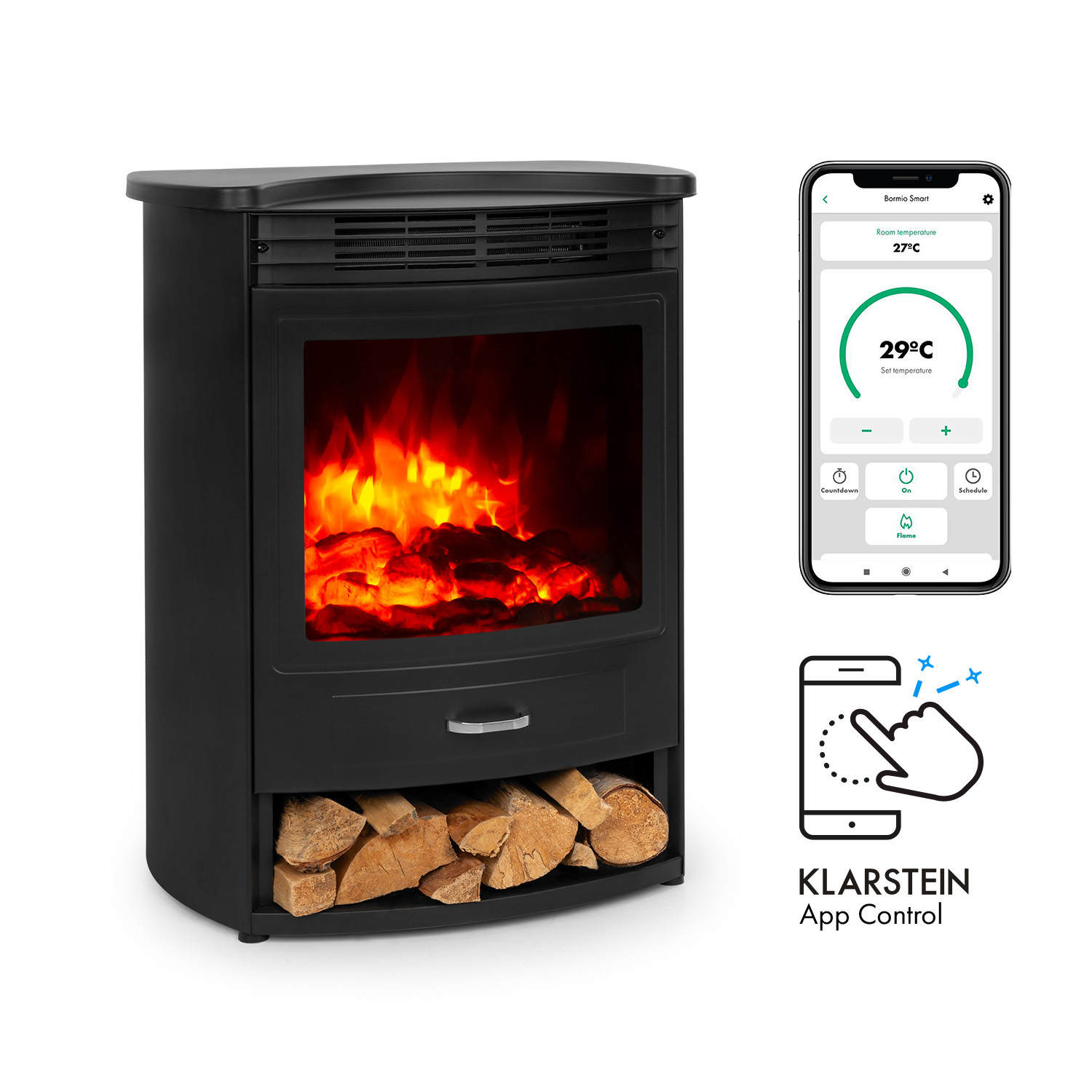 Bormio S Smart Elektrokamin 950/1900w Thermostat Wochentimer - Klarstein