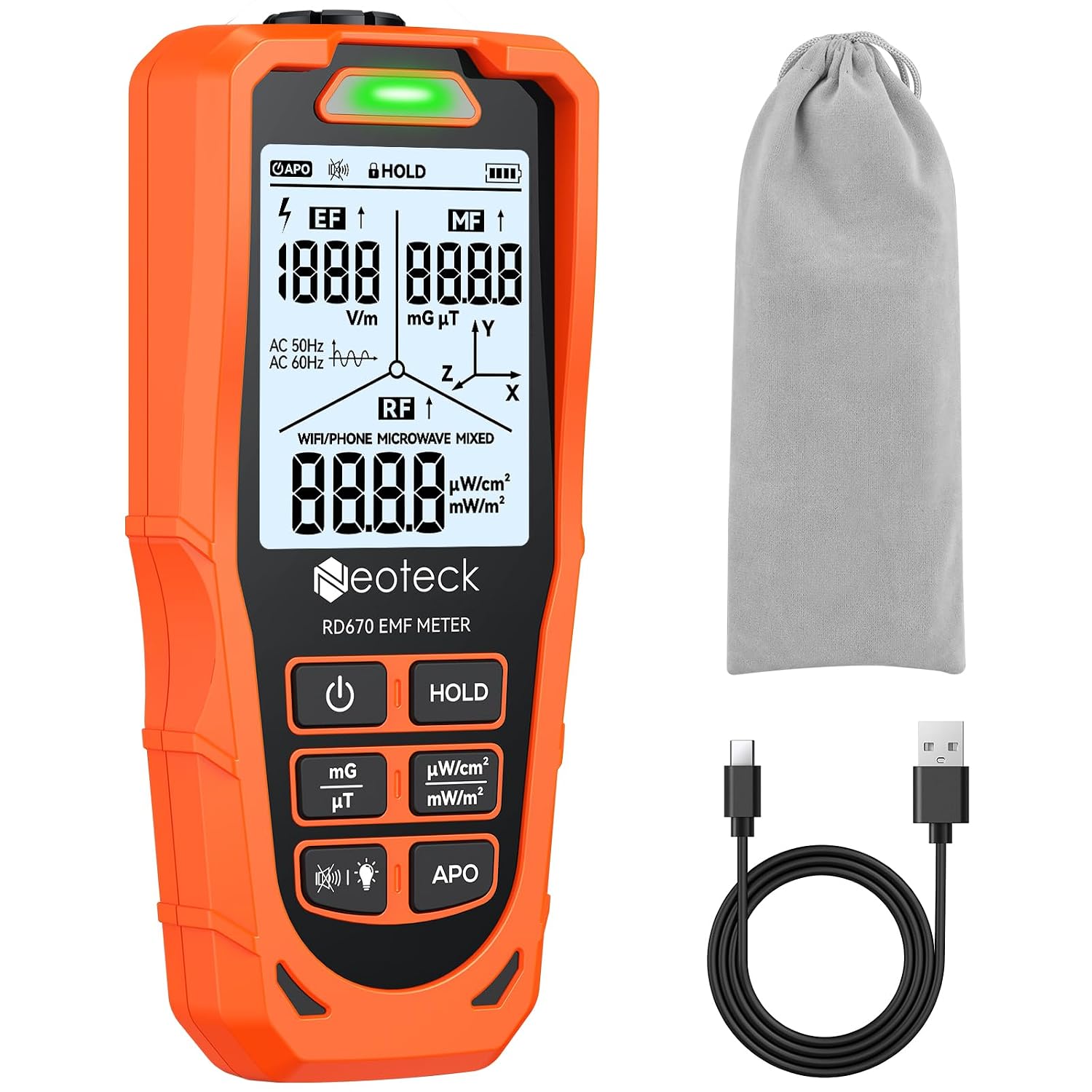 3-in-1-emf-detektor – Messgerät Für Elektromagnetische Wellen Zur Erkennung Von Elektrischen Und Magnetischen Feldern Sowie Hf-strahlung – Dreifarbiger Alarm, Wiederaufladbar, Typ-c-anschluss, Für Zuh