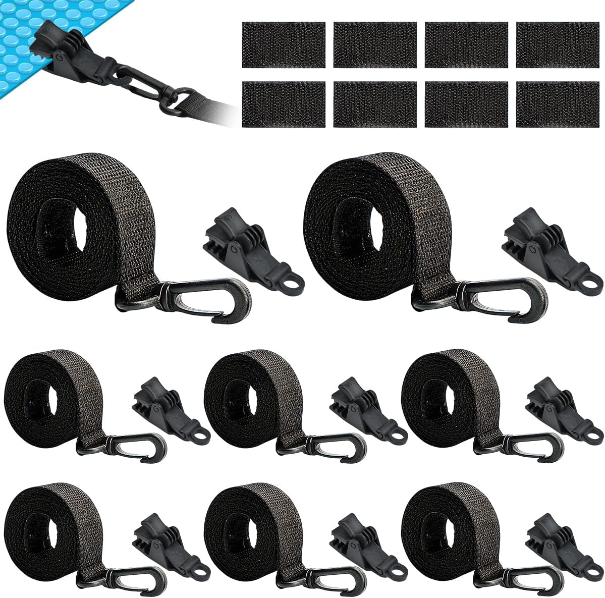 Set Mit 8 Verstellbaren Poolabdeckungsbefestigungen, 176,5 Cm Lange Gurte Mit Clips Und Klettverschlüssen, Kabelbinder Für 8–16 Mm Dicke Luftpolsterfolien, Zubehör