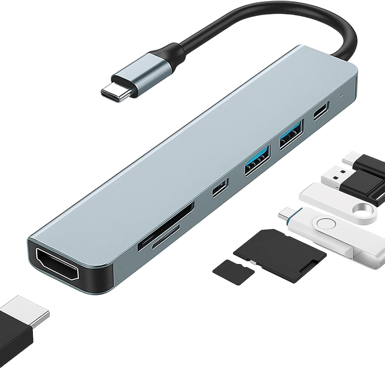 7-in-1 Usb-c-hub, 100-w-ladefunktion, Usb-c-adapter Mit Hdmi (4k@30hz), Sd/tf-kartenleser, Kompatibel Mit Macbook, Desktop-computern, Usb-sticks Und Laptops