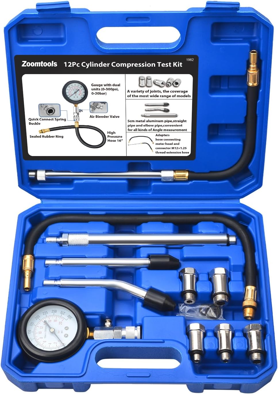 11-teiliges Kompressionsprüfgerät, Kompressionsprüfer-werkzeugset, Zur Prüfung Der Zylinderkompression, Inklusive 5 Adaptern: M10, M12, M14, M16, M18, Für Kompressionsprüfungen An