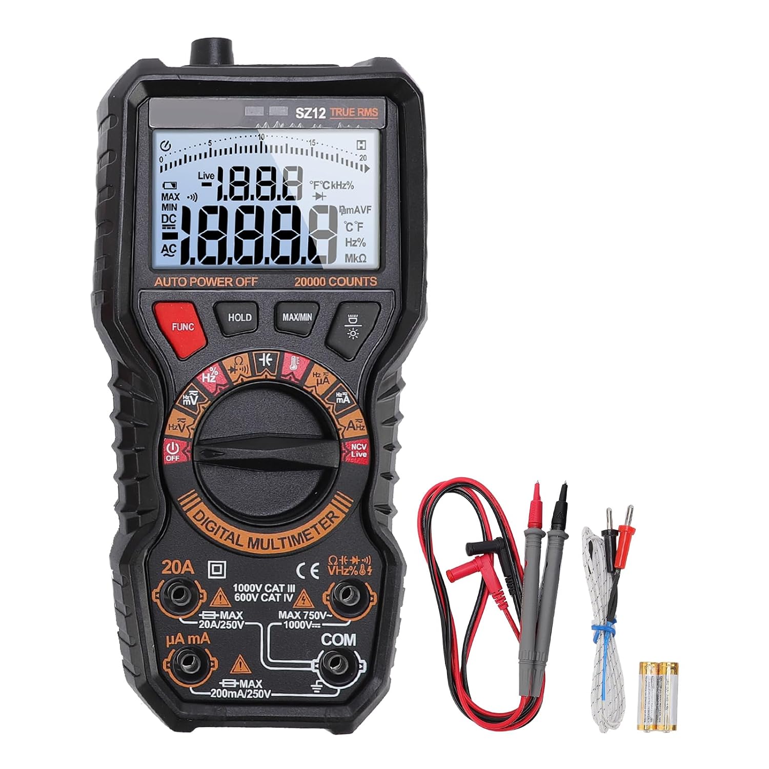 Digitales Multimeter Mit 20.000 Messpunkten, Ncv-spannungsprüfer, Misst Wechsel-/gleichspannung, Widerstand, Kapazität, Frequenz, Temperatur Und Dioden