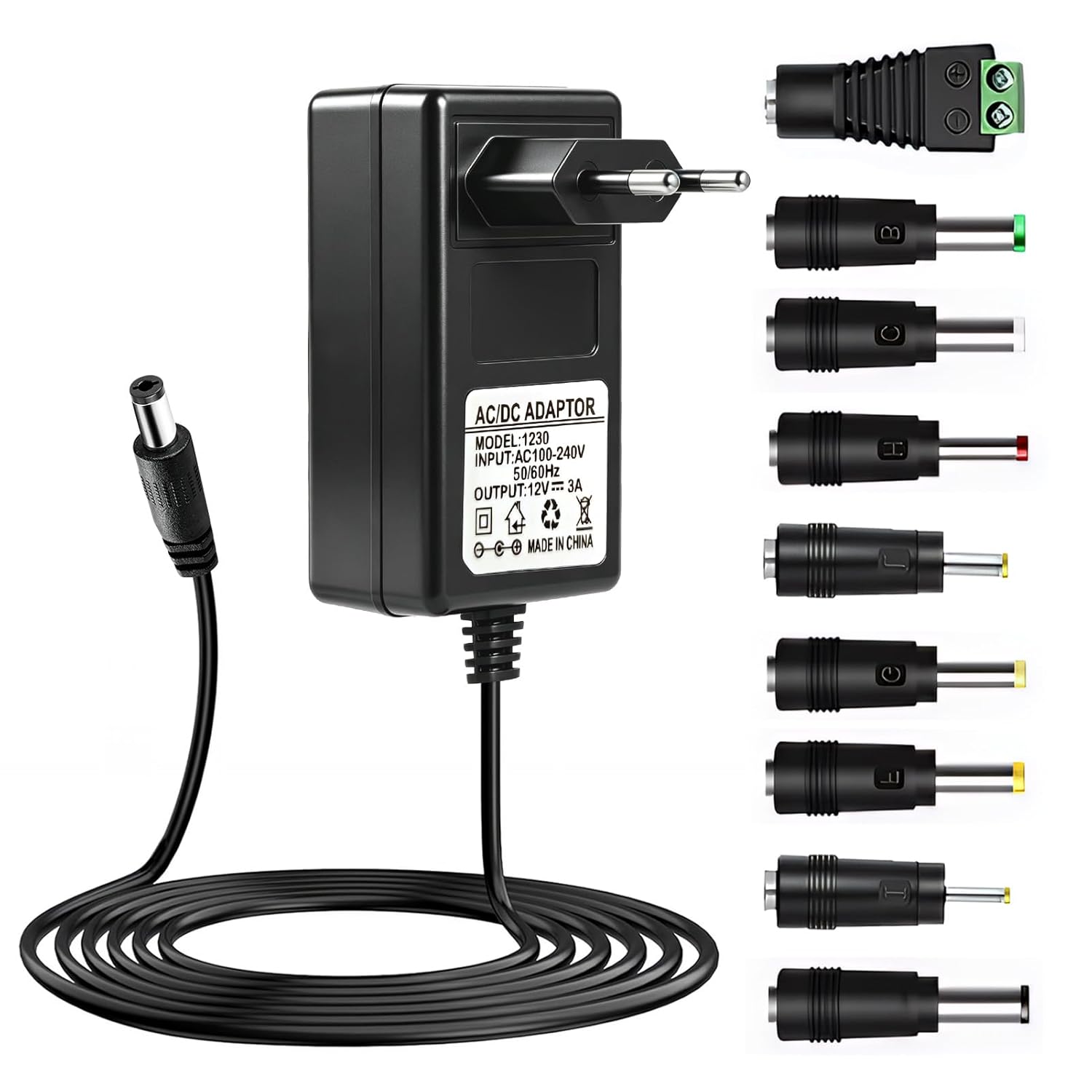 12v 3a Universal-netzteil Mit 9 Dc-anschlüssen, 100–240v 50–60hz Stromversorgung Für Router, Led-streifen, Kameras, Tablets, Scanner Und Tv-boxen