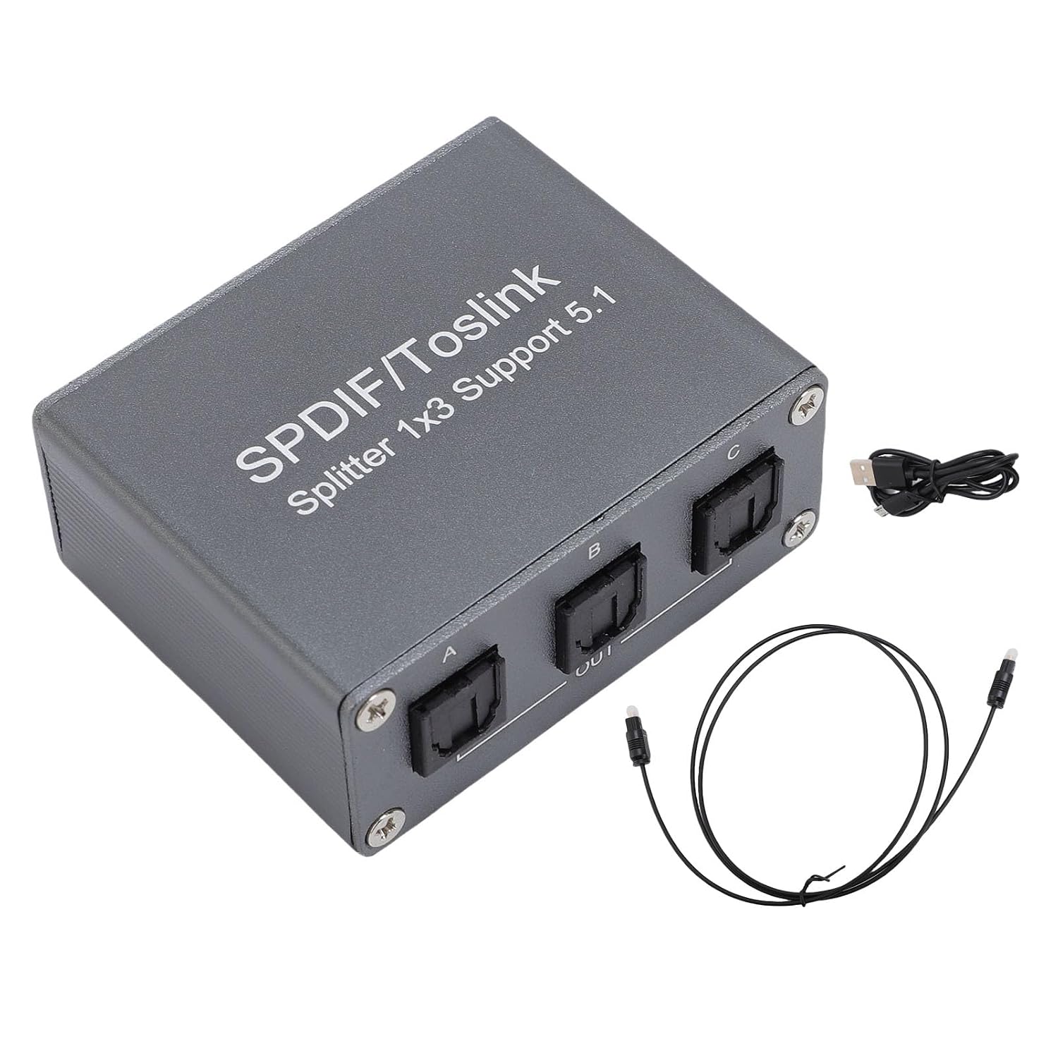 Digitaler Optischer Audio-splitter 1 X 3 Für Toslink Spdif-schnittstelle (1 Eingang, 3 Ausgänge), Gehäuse Aus Aluminiumlegierung, Inklusive Optischem Kabel, Unterstützt Dolby-ac3.