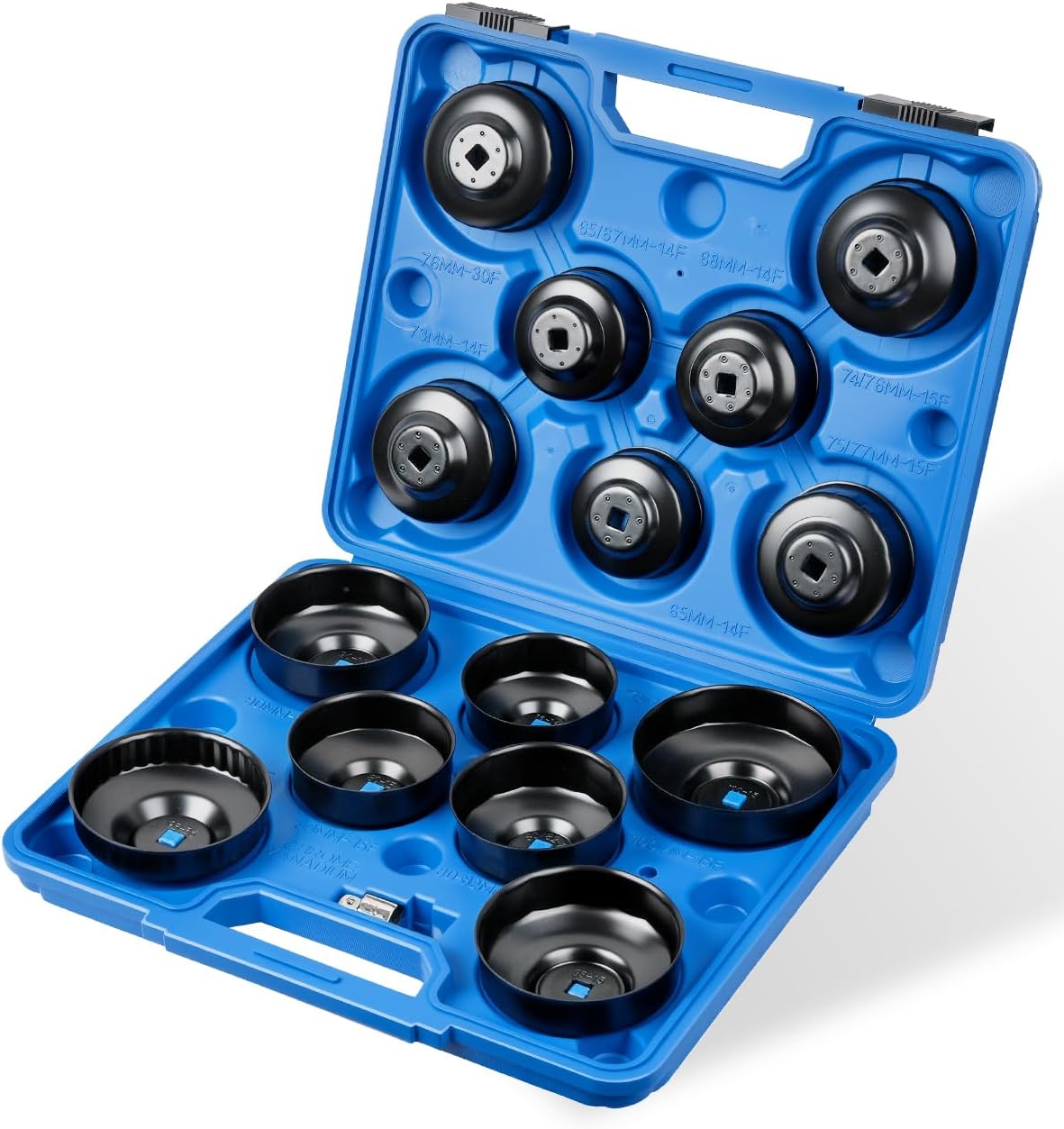 Set Mit 15 Universellen Ölfilterschlüsseln, 65–100 Mm, 3/8"- Und 1/2"-adaptern Für Alle Arten Von Professionellen Ölfiltern